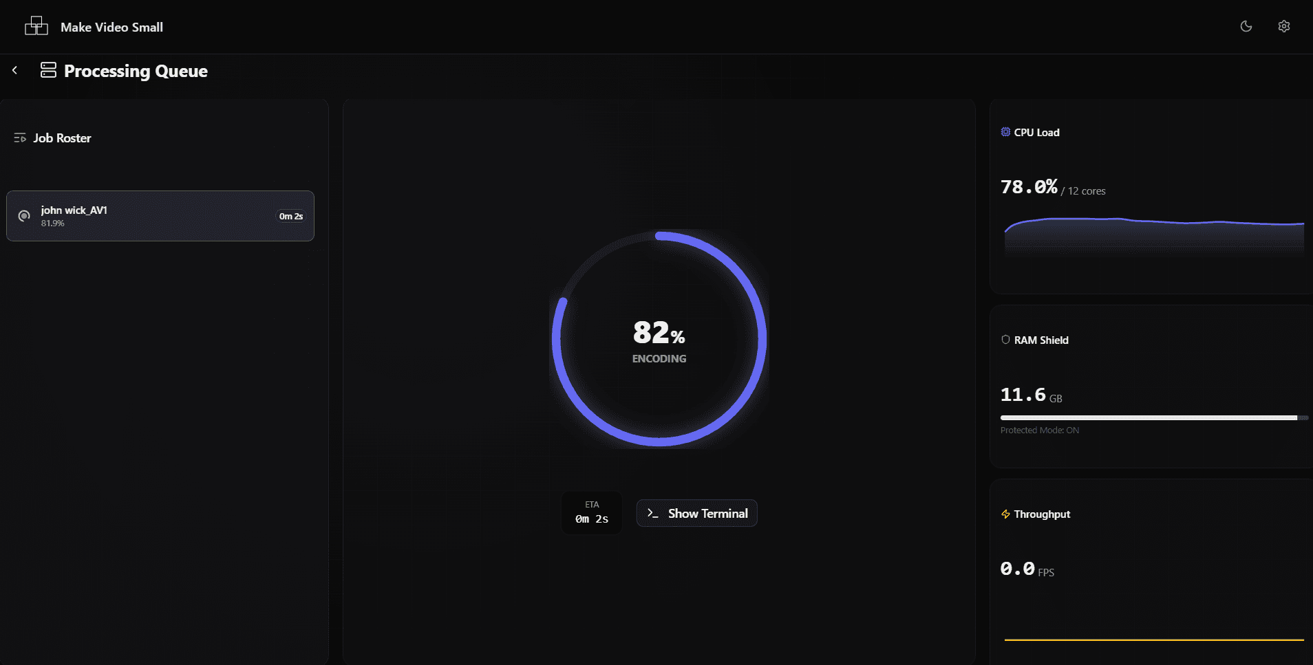 The processing queue showing live encode progress and system telemetry.