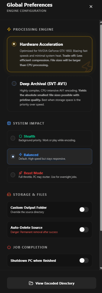 The Global Preferences panel: processing engine, system impact, storage and job completion.